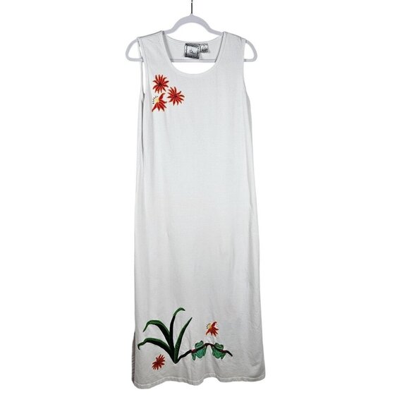 Michael Simon Medium White Tank Maxi Dress Embroidered Flowers Beach Vacation - Picture 1 of 12